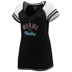 Miami Marlins Soft as a Grape Women's Curvy Color Block Tri-Blend Raglan V-Neck T-Shirt Black