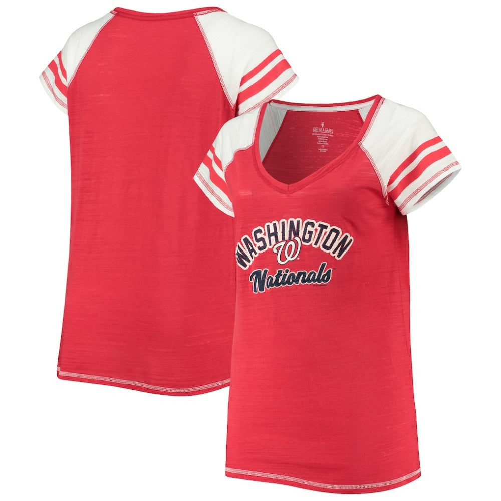 Washington Nationals Soft as a Grape Women's Curvy Color Block Tri-Blend Raglan V-Neck T-Shirt Red