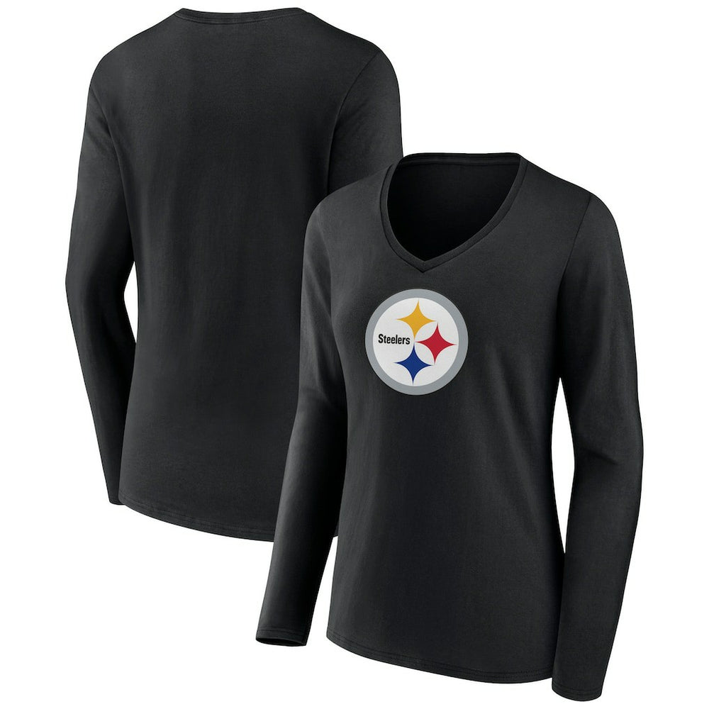 Pittsburgh Steelers Women's Primary Team Logo Long Sleeve V-Neck T-Shirt - Black cheap
