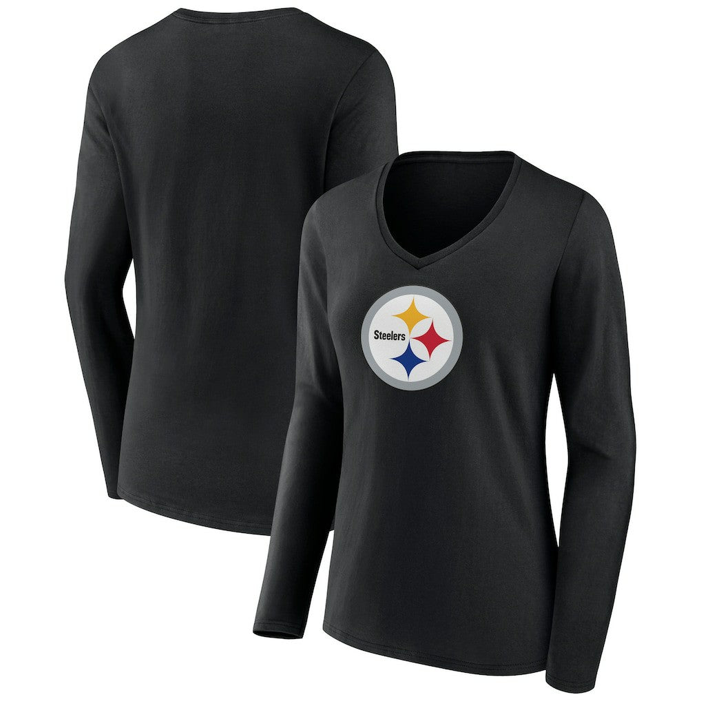 Pittsburgh Steelers Women's Primary Team Logo Long Sleeve V-Neck T-Shirt - Black cheap