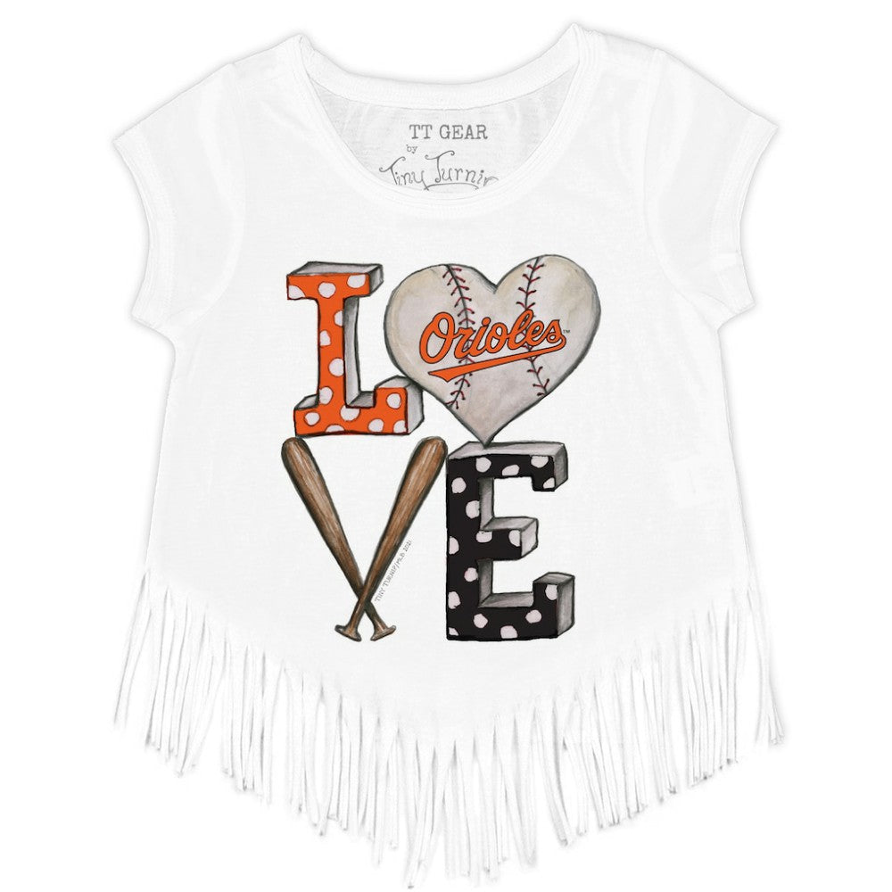 Baltimore Orioles Tiny Turnip Girls Youth Baseball Love Fringe T-Shirt White