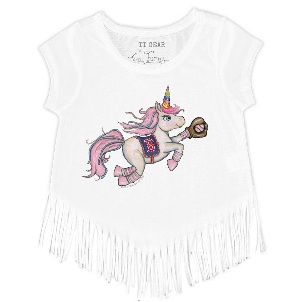 Boston Red Sox Tiny Turnip Girls Youth Unicorn Fringe T-Shirt White