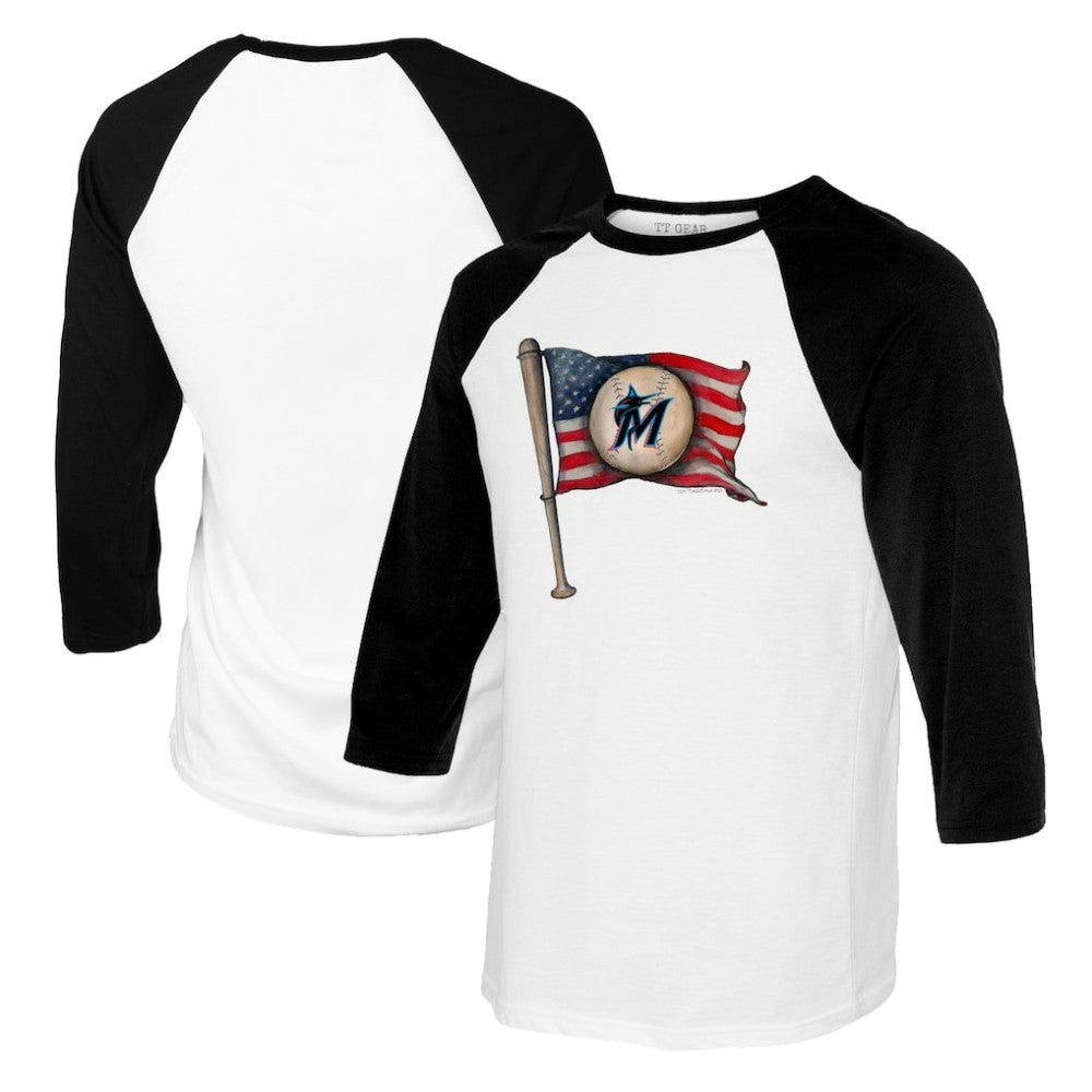 Miami Marlins Tiny Turnip Youth Baseball Flag Raglan 3/4 Sleeve T-Shirt White/Black