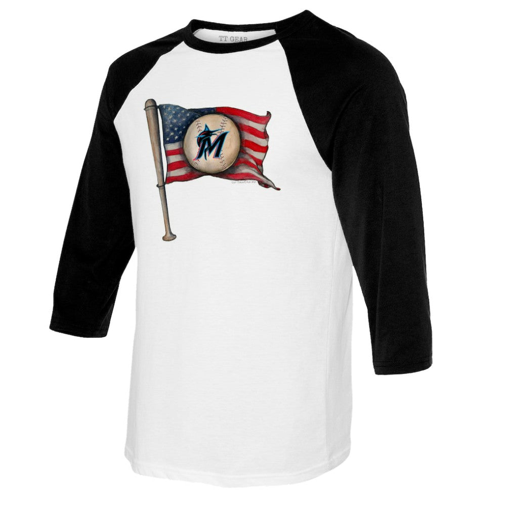 Miami Marlins Tiny Turnip Youth Baseball Flag Raglan 3/4 Sleeve T-Shirt White/Black
