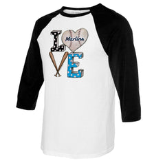 Miami Marlins Tiny Turnip Women's Baseball Love Raglan 3/4-Sleeve T-Shirt White/Black