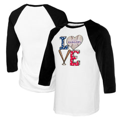 Texas Rangers Tiny Turnip Women's Baseball Love Raglan 3/4-Sleeve T-Shirt White/Black
