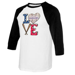 Texas Rangers Tiny Turnip Women's Baseball Love Raglan 3/4-Sleeve T-Shirt White/Black