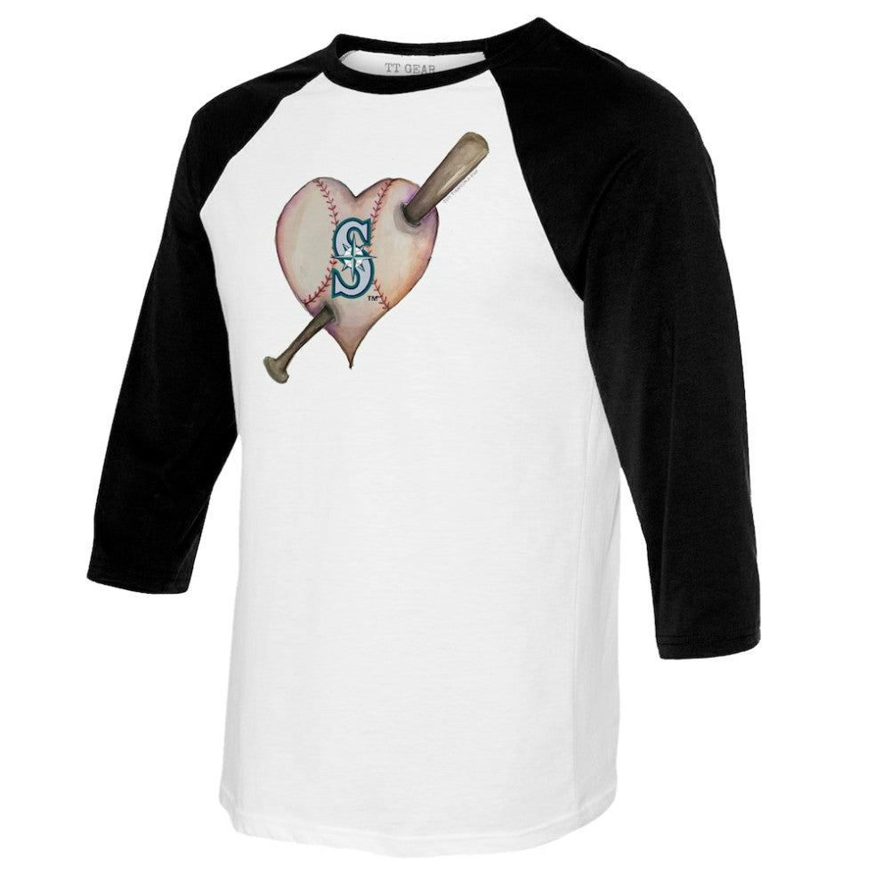 Seattle Mariners Tiny Turnip Youth Heart Bat Raglan 3/4 Sleeve T-Shirt White/Black