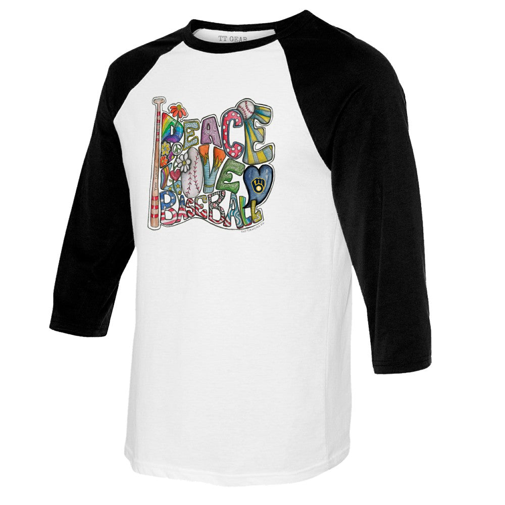 Milwaukee Brewers Tiny Turnip Women's Peace Love Baseball 3/4-Sleeve Raglan T-Shirt White/Black