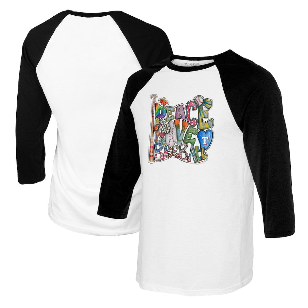 Texas Rangers Tiny Turnip Women's Peace Love Baseball 3/4-Sleeve Raglan T-Shirt White/Black