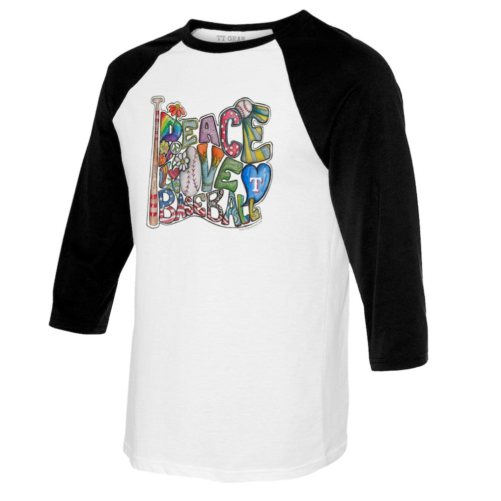 Texas Rangers Tiny Turnip Women's Peace Love Baseball 3/4-Sleeve Raglan T-Shirt White/Black