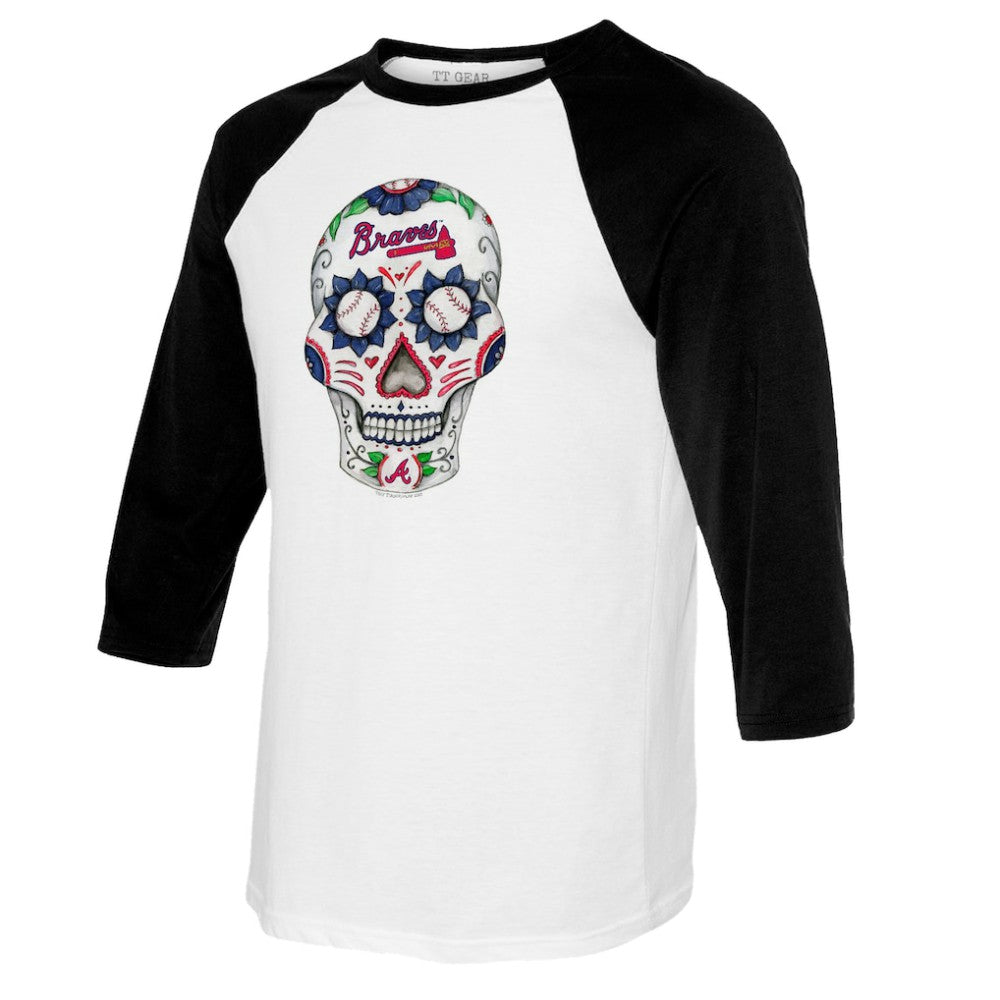 Atlanta Braves Tiny Turnip Women's Sugar Skull 3/4-Sleeve Raglan T-Shirt White/Black