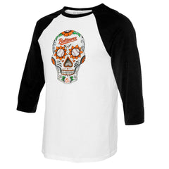 Baltimore Orioles Tiny Turnip Women's Sugar Skull 3/4-Sleeve Raglan T-Shirt White/Black