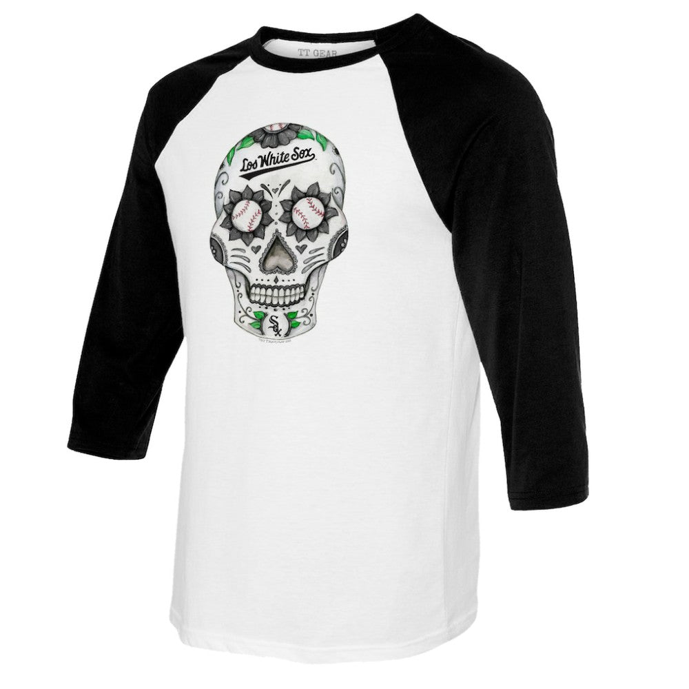 Chicago White Sox Tiny Turnip Women's Sugar Skull 3/4-Sleeve Raglan T-Shirt White/Black