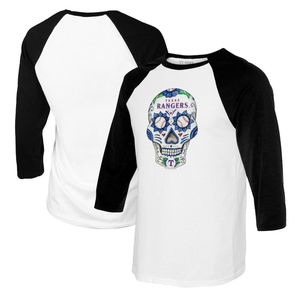 Texas Rangers Tiny Turnip Women's Sugar Skull 3/4-Sleeve Raglan T-Shirt White/Black