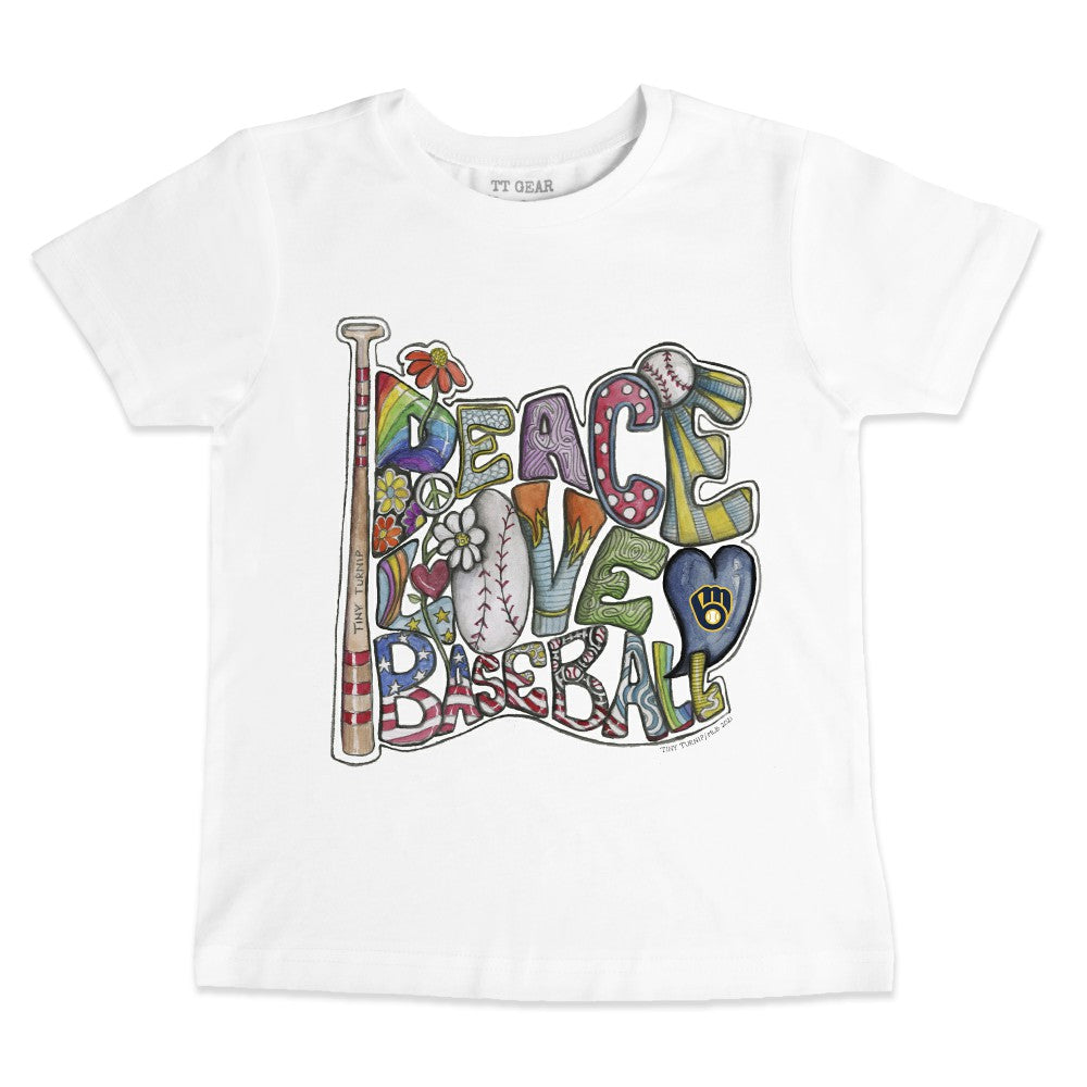 Milwaukee Brewers Tiny Turnip Youth Peace Love Baseball T-Shirt White