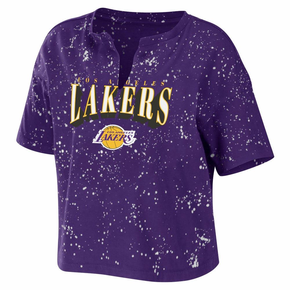 Los Angeles Lakers WEAR by Erin Andrews Women's Bleach Splatter Notch Neck T-Shirt - Purple outlet
