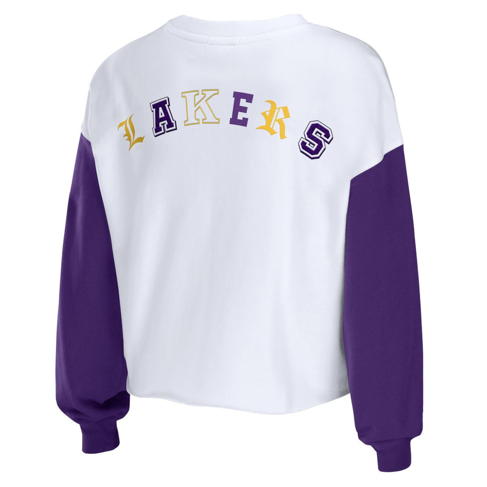 Los Angeles Lakers WEAR by Erin Andrews Women's Mixed Letter Cropped Pullover Sweatshirt - Heather Gold discount