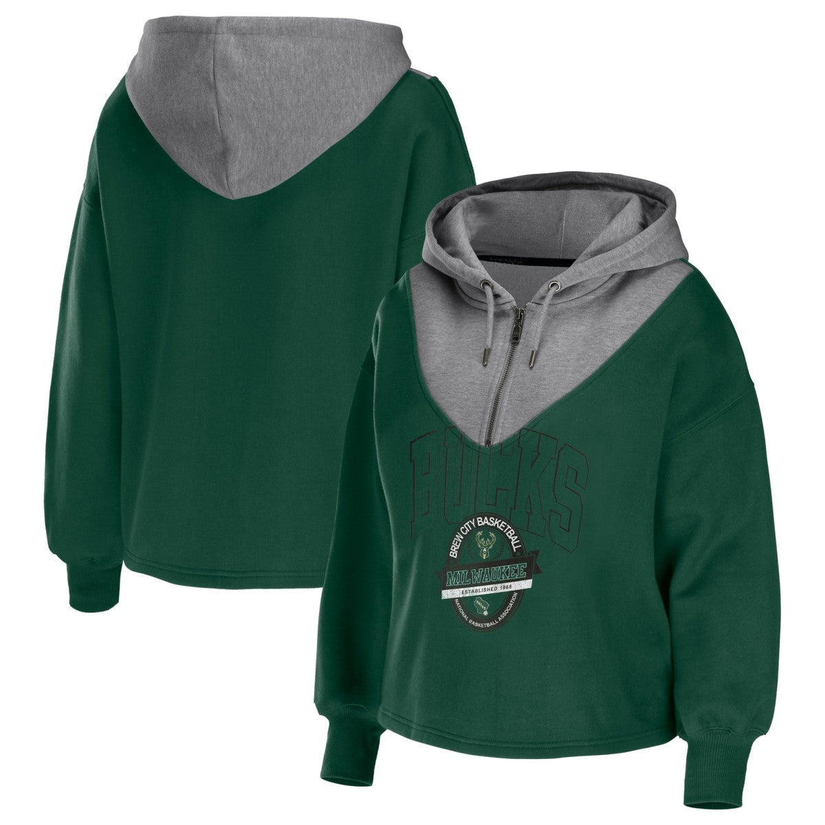 Milwaukee Bucks WEAR by Erin Andrews Women's Pieced Quarter-Zip Hoodie Jacket - Hunter Green shop