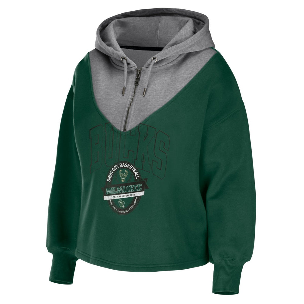 Milwaukee Bucks WEAR by Erin Andrews Women's Pieced Quarter-Zip Hoodie Jacket - Hunter Green shop