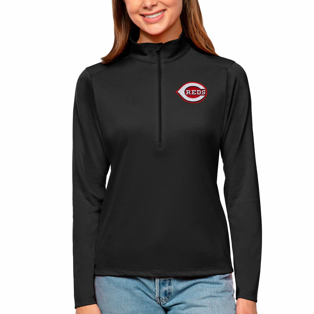 Cincinnati Reds Antigua Women's Tribute Quarter-Zip Pullover Top Black