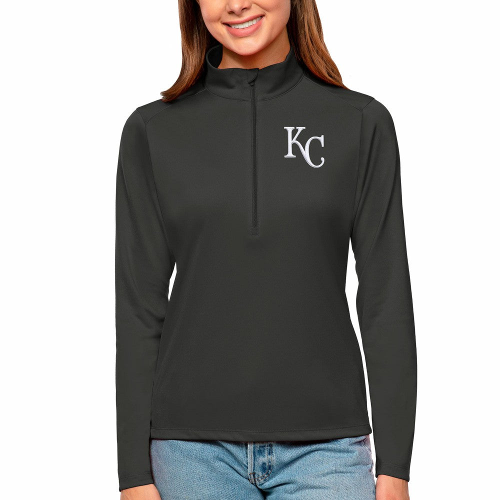 Kansas City Royals Antigua Women's Tribute Quarter-Zip Pullover Top Charcoal