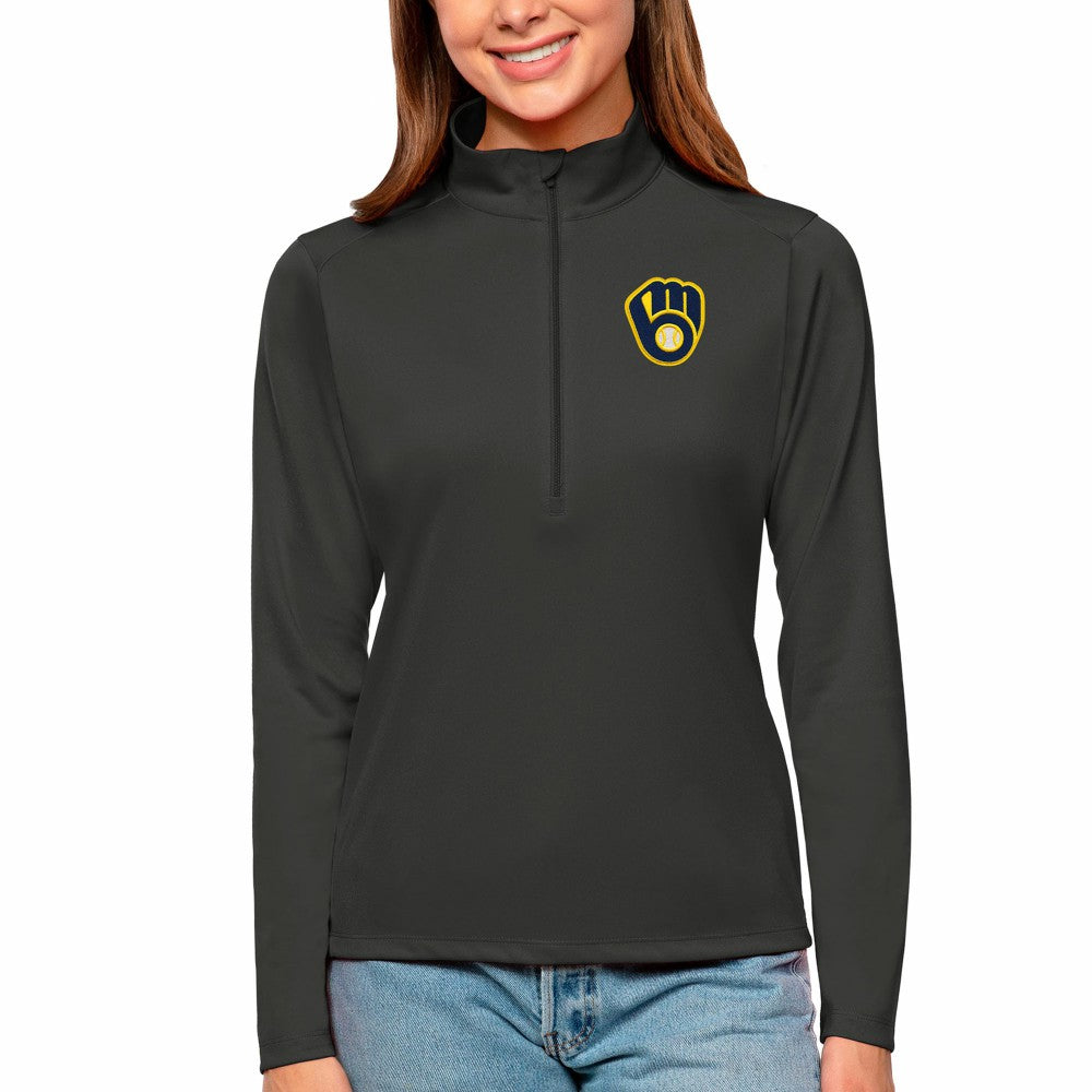 Milwaukee Brewers Antigua Women's Tribute Quarter-Zip Pullover Top Charcoal