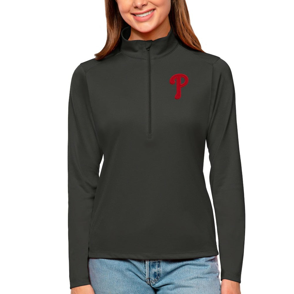 Philadelphia Phillies Antigua Women's Tribute Quarter-Zip Pullover Top Charcoal
