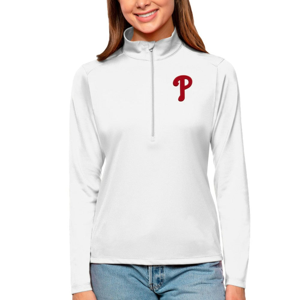 Philadelphia Phillies Antigua Women's Tribute Quarter-Zip Pullover Top White