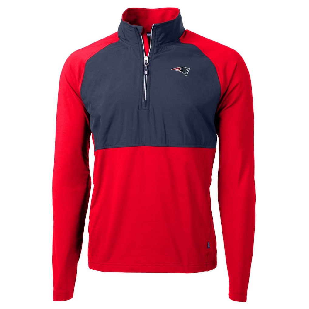 New England Patriots Cutter & Buck Adapt Eco Knit Hybrid Recycled Quarter-Zip Raglan Jacket - Navy/Red discount