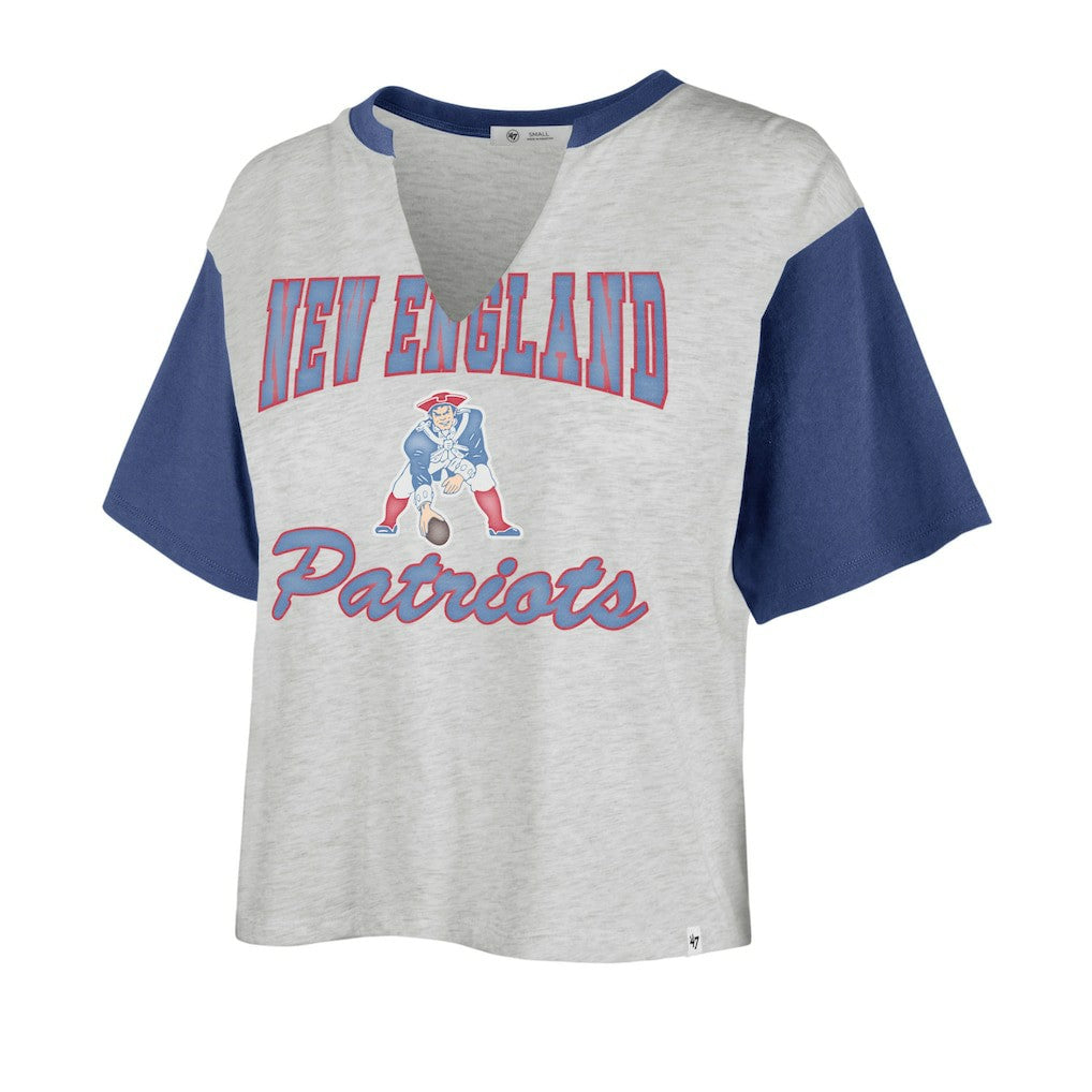 New England Patriots '47 Women's Sandy Daze Dolly V-Neck Cropped T-Shirt - Heather Gray/Royal discount