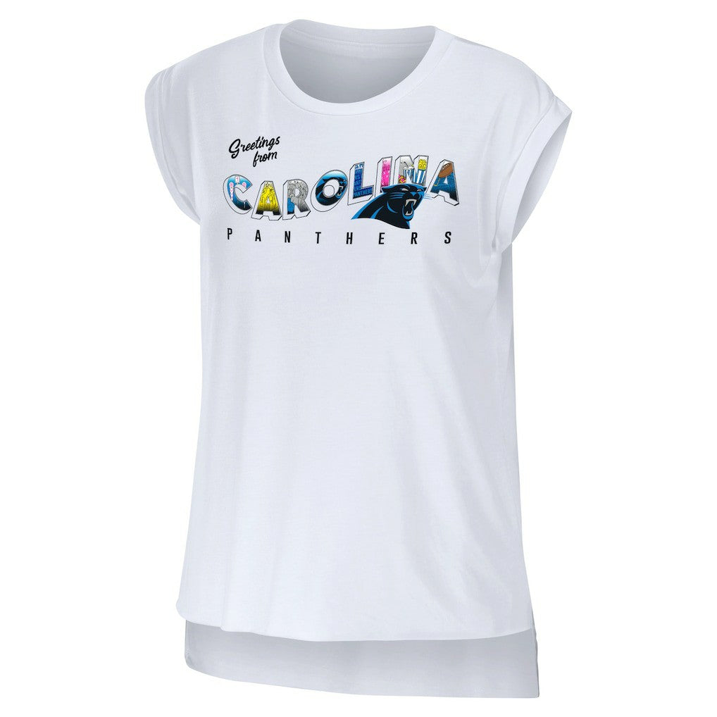 Carolina Panthers WEAR by Erin Andrews Women's Greetings From Muscle T-Shirt - White online