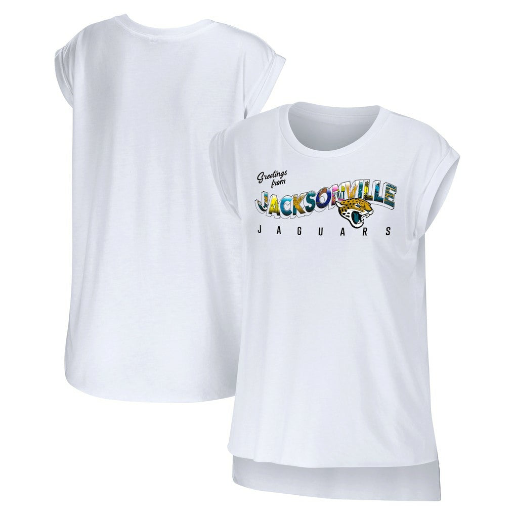 Jacksonville Jaguars WEAR by Erin Andrews Women's Greetings From Muscle T-Shirt - White outlet