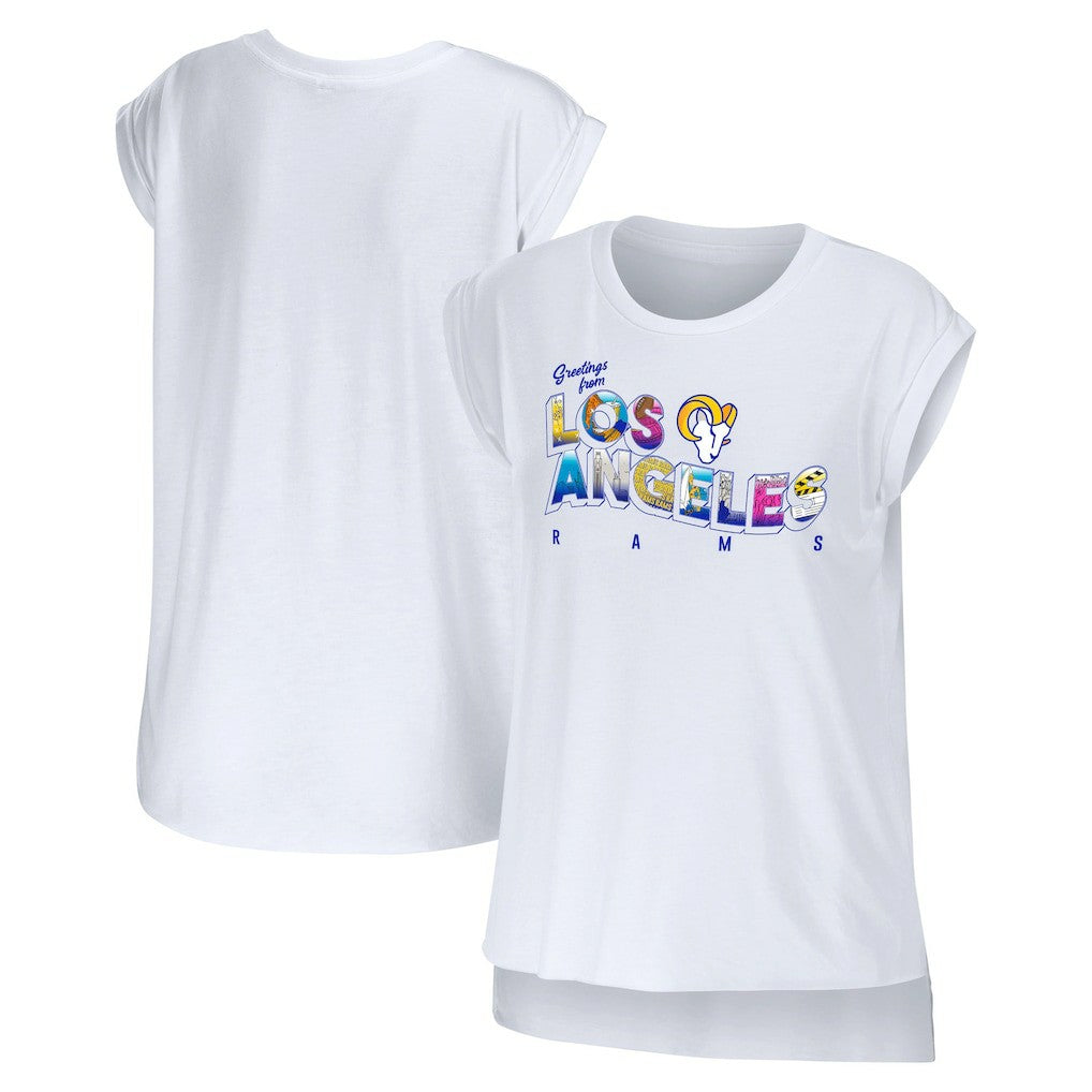 Los Angeles Rams WEAR by Erin Andrews Women's Greetings From Muscle T-Shirt - White discount