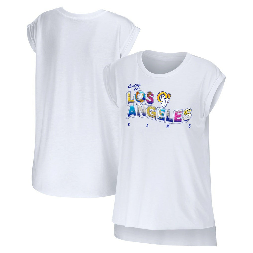 Los Angeles Rams WEAR by Erin Andrews Women's Greetings From Muscle T-Shirt - White discount