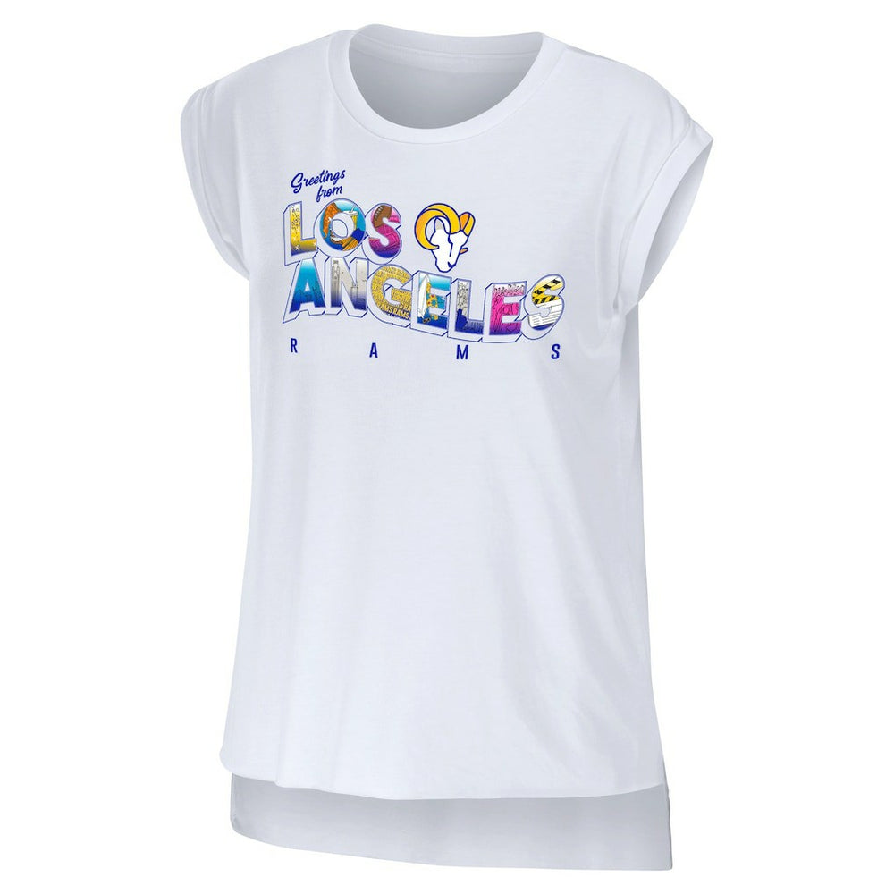 Los Angeles Rams WEAR by Erin Andrews Women's Greetings From Muscle T-Shirt - White discount