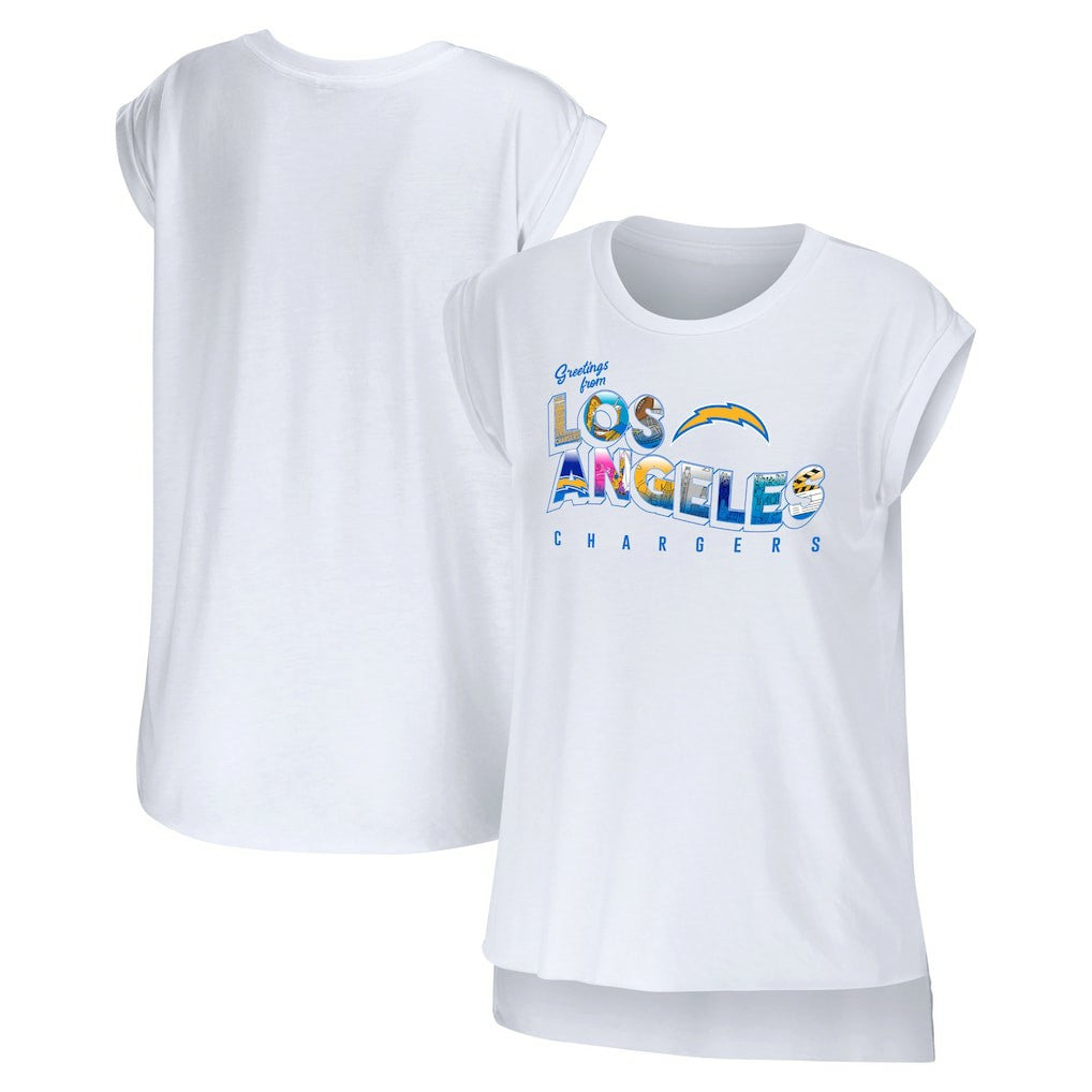 Los Angeles Chargers WEAR by Erin Andrews Women's Greetings From Muscle T-Shirt - White sale