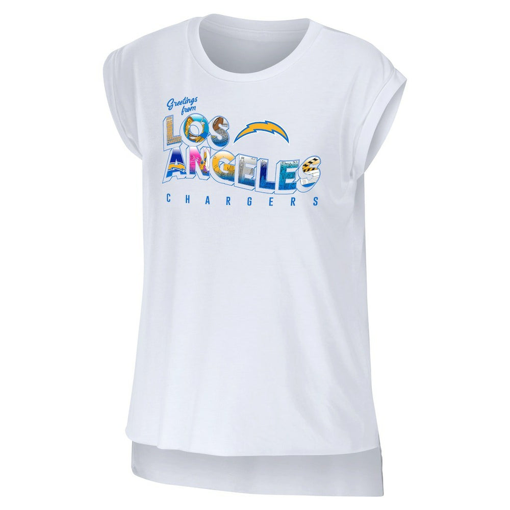 Los Angeles Chargers WEAR by Erin Andrews Women's Greetings From Muscle T-Shirt - White sale