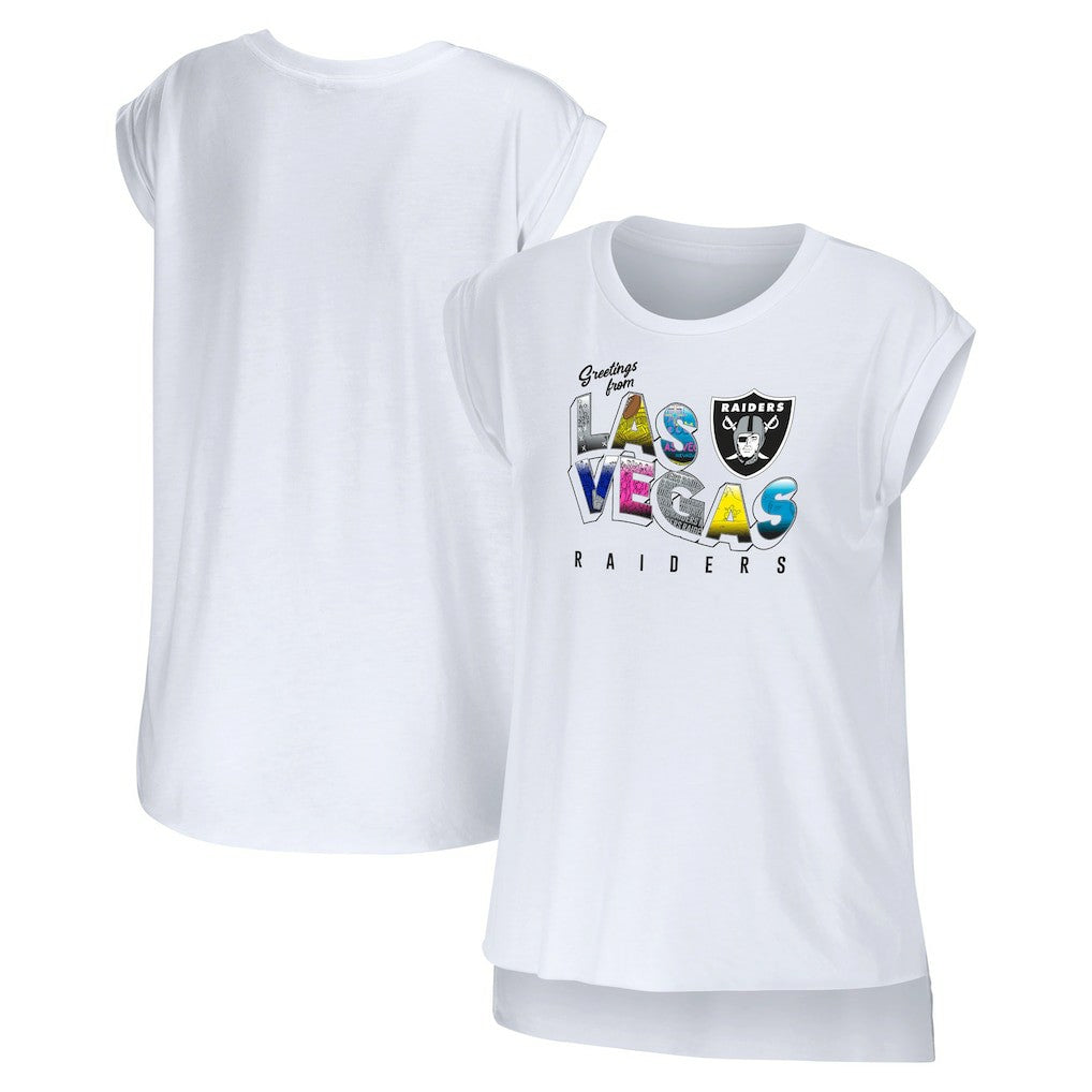 Las Vegas Raiders WEAR by Erin Andrews Women's Greetings From Muscle T-Shirt - White for sale