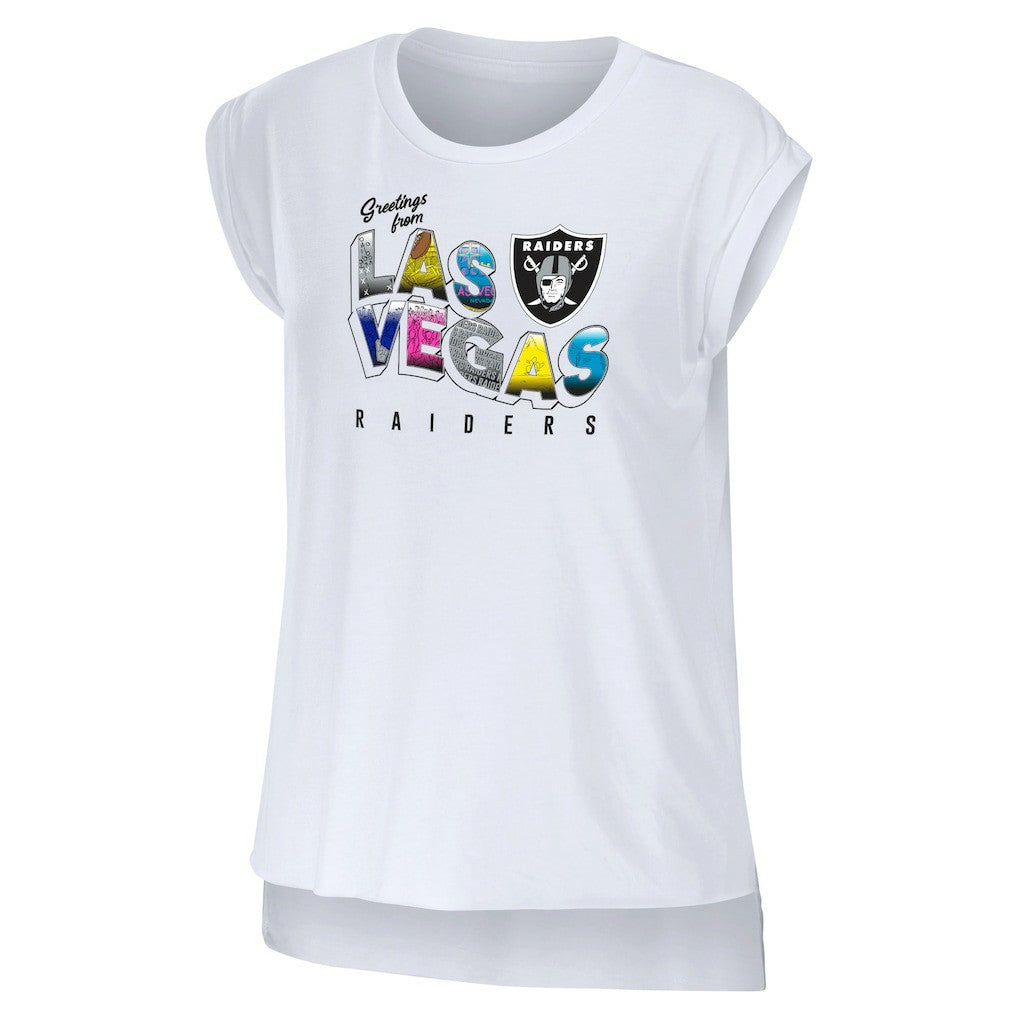 Las Vegas Raiders WEAR by Erin Andrews Women's Greetings From Muscle T-Shirt - White for sale