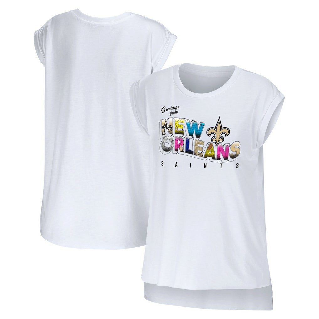 New Orleans Saints WEAR by Erin Andrews Women's Greetings From Muscle T-Shirt - White cheap