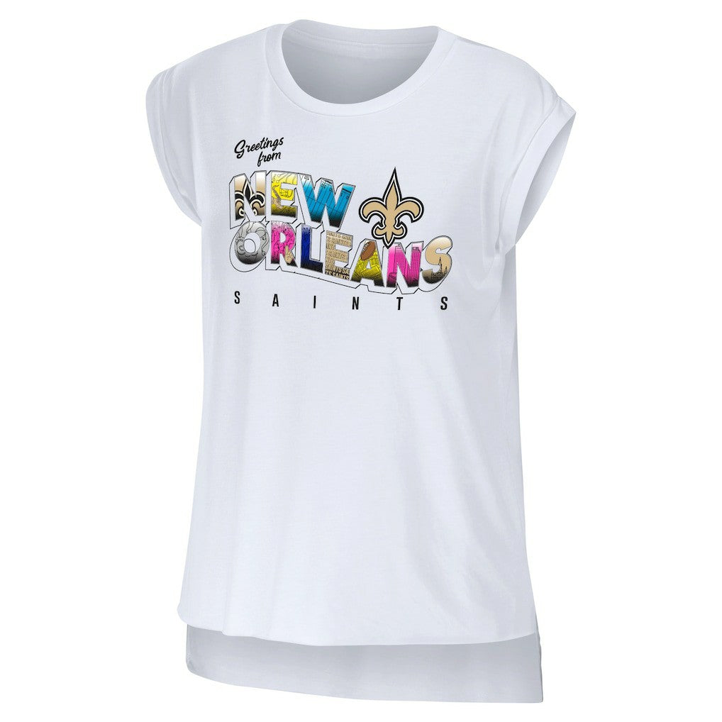 New Orleans Saints WEAR by Erin Andrews Women's Greetings From Muscle T-Shirt - White cheap