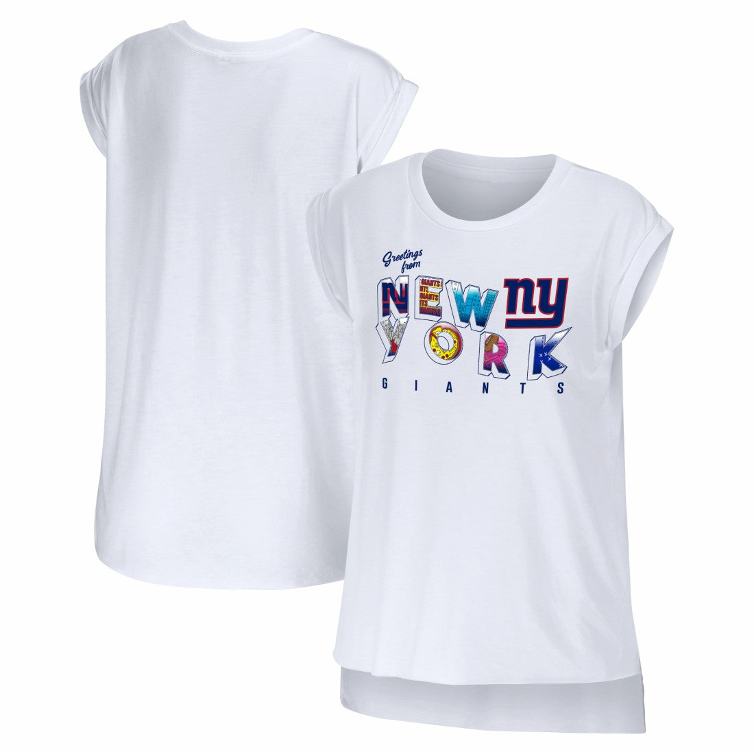 New York Giants WEAR by Erin Andrews Women's Greetings From Muscle T-Shirt - White sale
