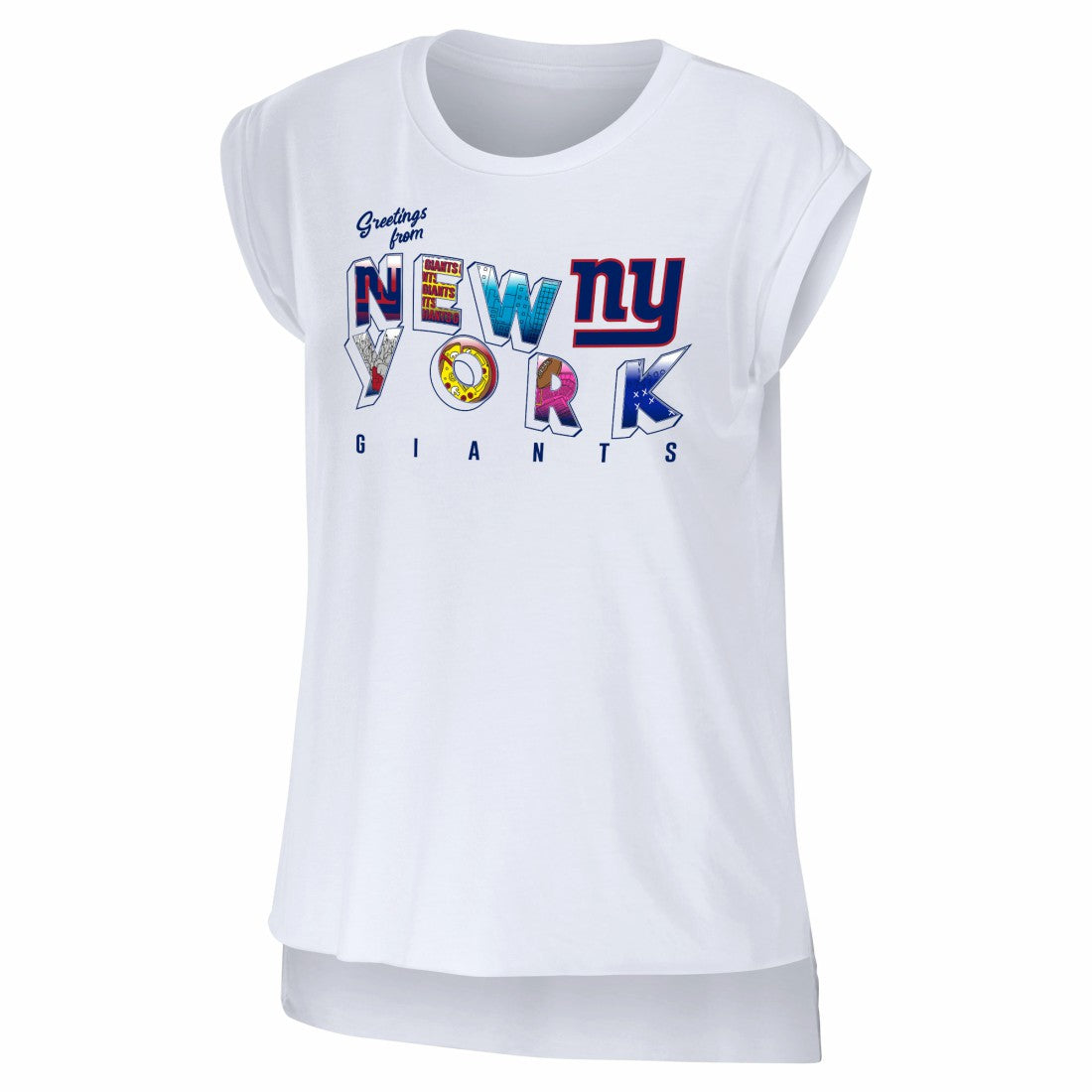 New York Giants WEAR by Erin Andrews Women's Greetings From Muscle T-Shirt - White sale