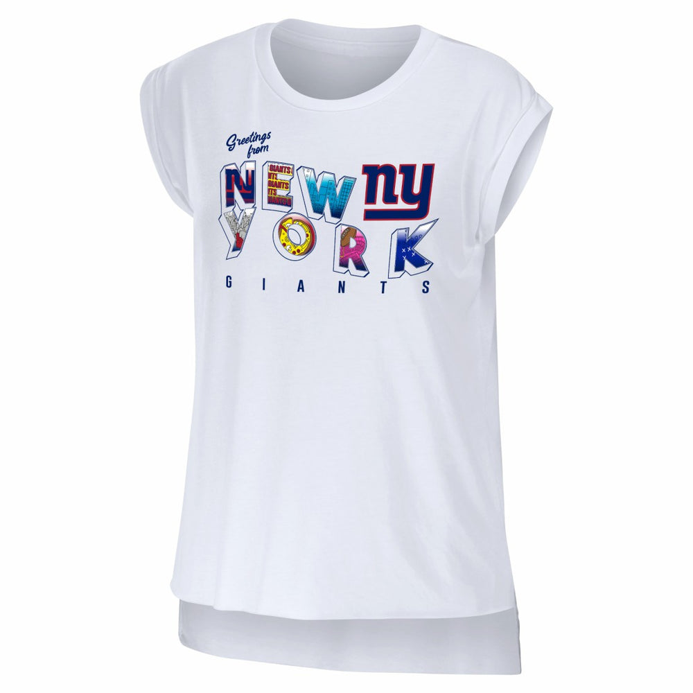 New York Giants WEAR by Erin Andrews Women's Greetings From Muscle T-Shirt - White sale