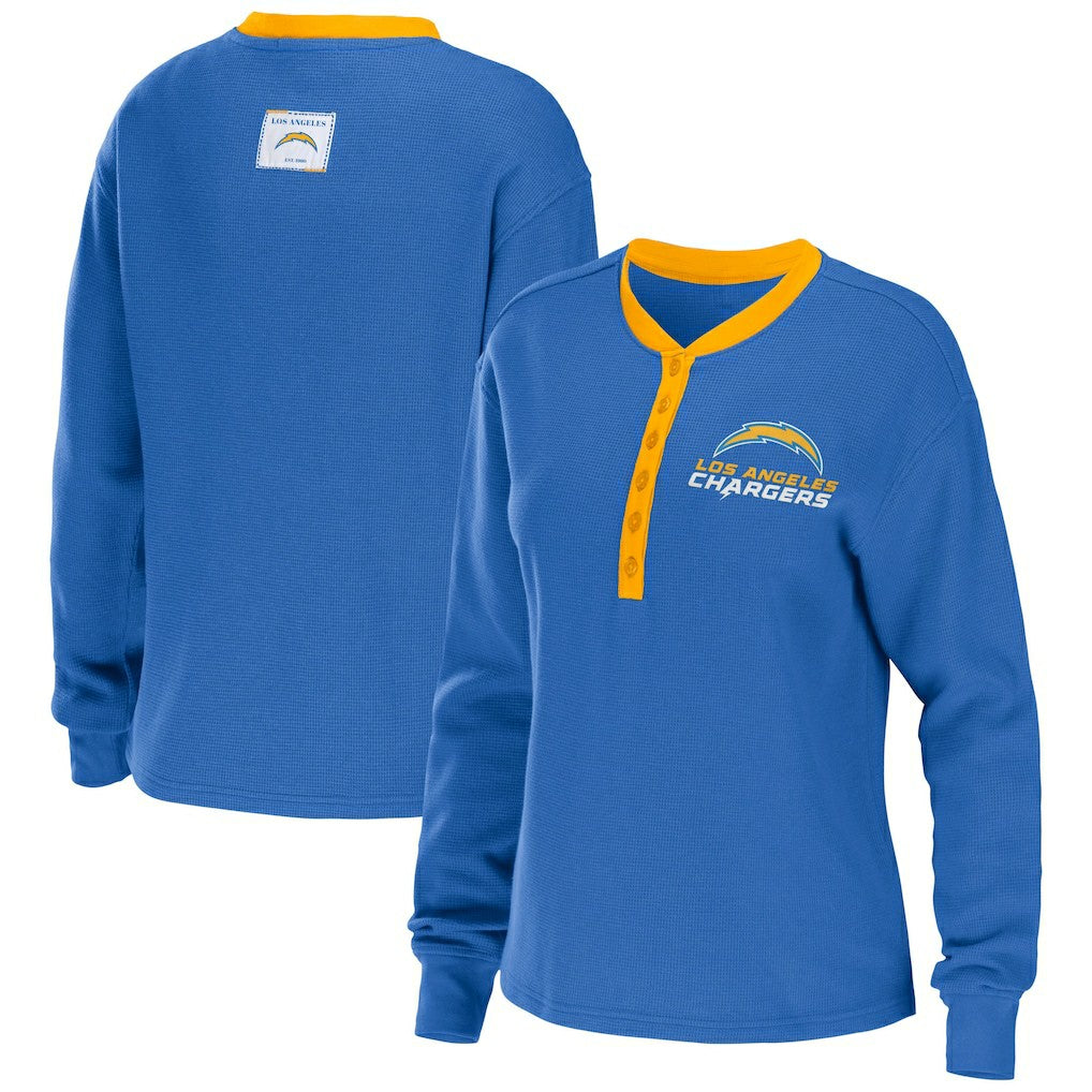 Los Angeles Chargers WEAR by Erin Andrews Women's Waffle Henley Long Sleeve T-Shirt - Powder Blue outlet