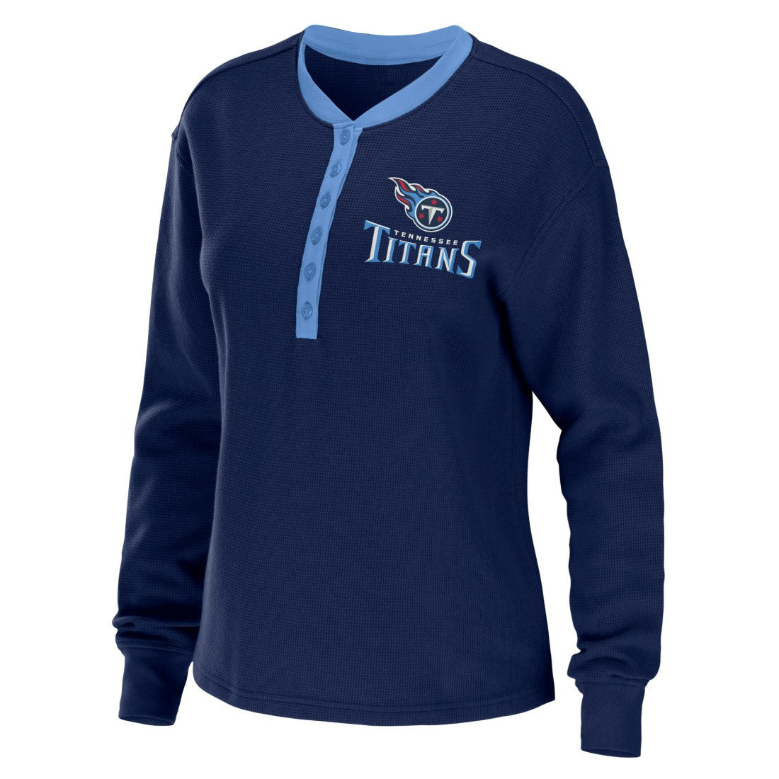 Tennessee Titans WEAR by Erin Andrews Women's Waffle Henley Long Sleeve T-Shirt - Navy online