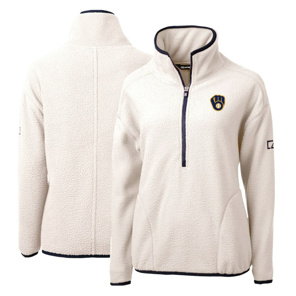 Milwaukee Brewers Cutter & Buck Women's Cascade Eco Sherpa Fleece Quarter-Zip Pullover Jacket White/Navy