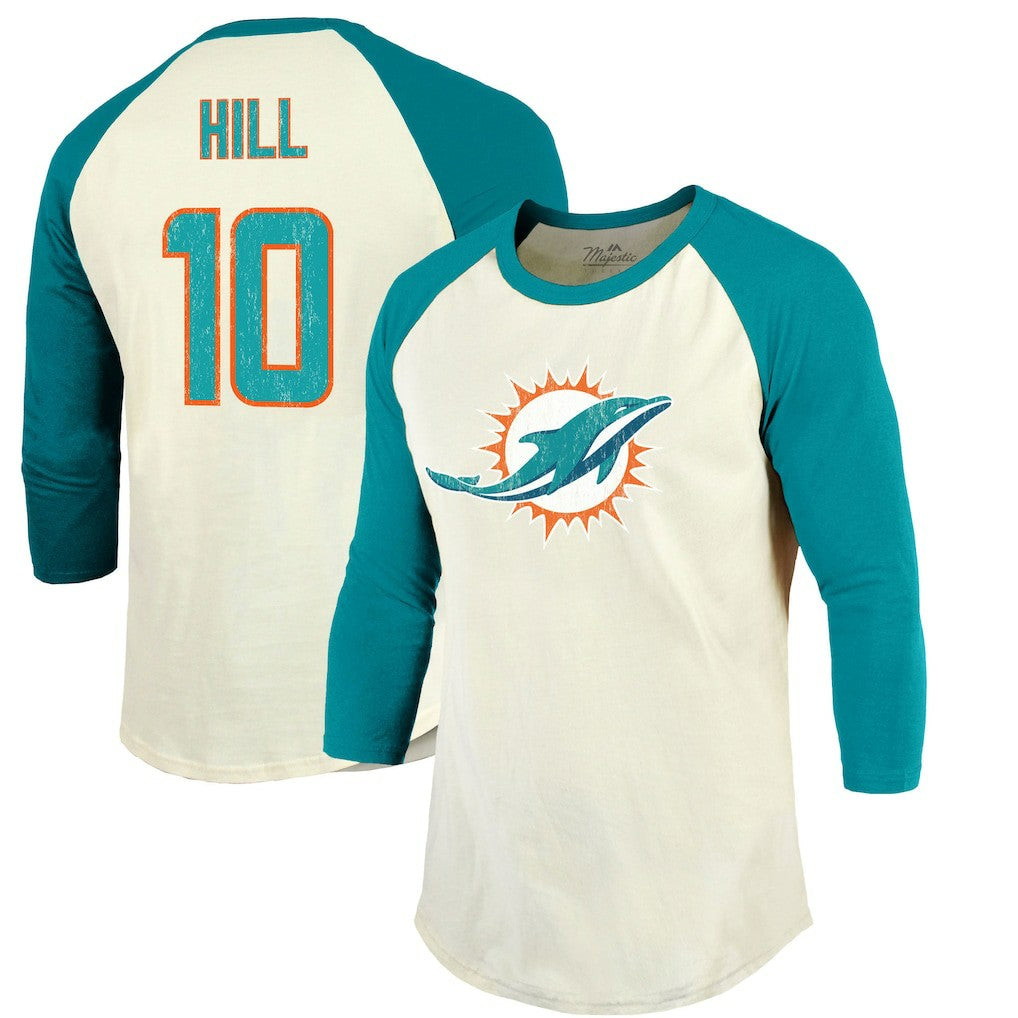 Tyreek Hill Miami Dolphins Majestic Threads Vintage Player Name & Number Raglan 3/4-Sleeve T-Shirt - Cream/Aqua on sale
