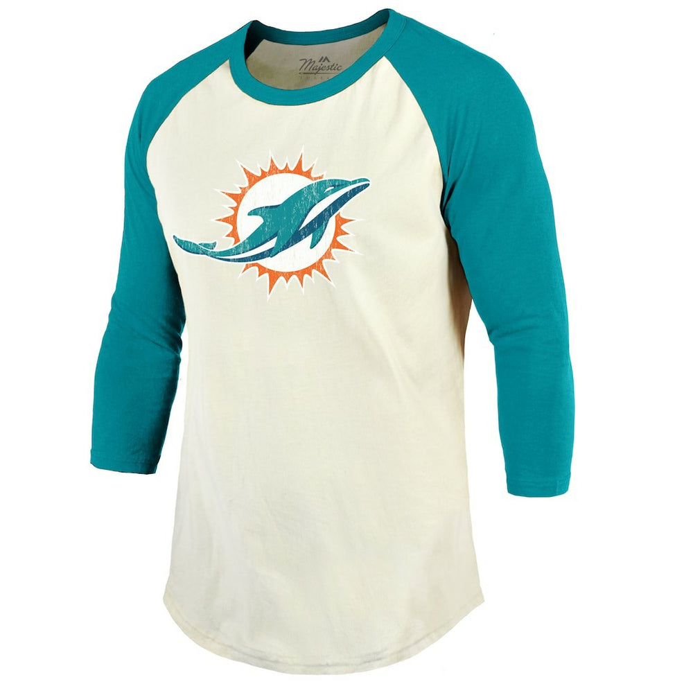Tyreek Hill Miami Dolphins Majestic Threads Vintage Player Name & Number Raglan 3/4-Sleeve T-Shirt - Cream/Aqua on sale